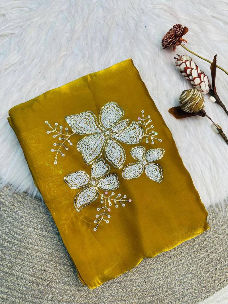 Yellow Color embroidery sequence work Organza Saree