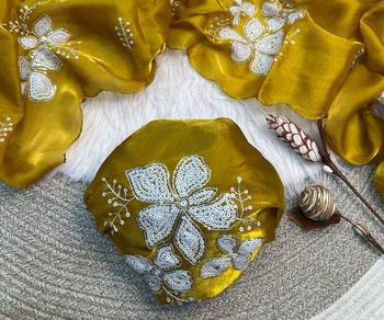 Yellow Color embroidery sequence work Organza Saree 2