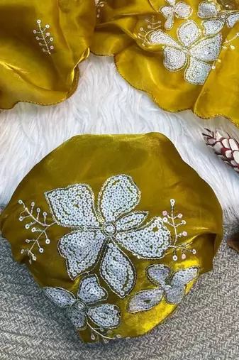 Yellow Color embroidery sequence work Organza Saree
