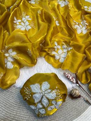 Yellow Color embroidery sequence work Organza Saree 3
