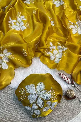 Yellow Color embroidery sequence work Organza Saree