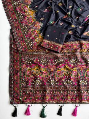 Black Color Kashmiri Thread Zari Woven Work Pashmina Dola Silk Saree 1