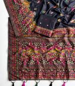 Black Color Kashmiri Thread Zari Woven Work Pashmina Dola Silk Saree