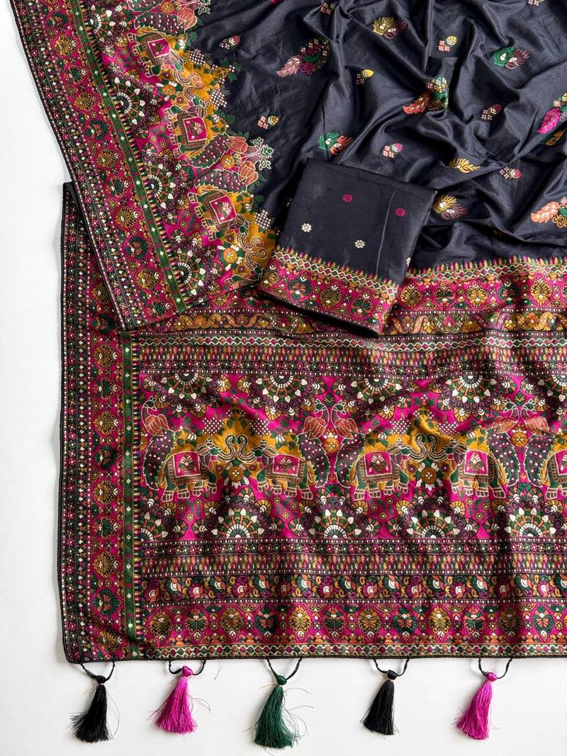 Black Color Kashmiri Thread Zari Woven Work Pashmina Dola Silk Saree