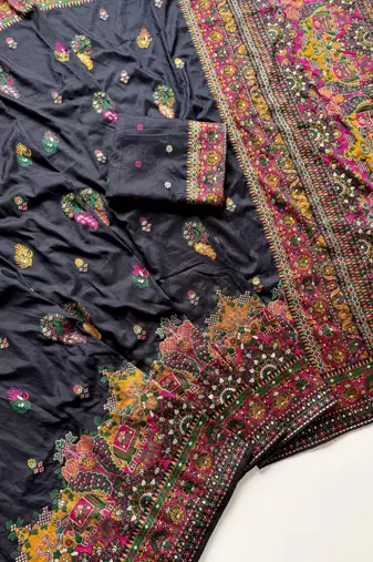 Black Color Kashmiri Thread Zari Woven Work Pashmina Dola Silk Saree