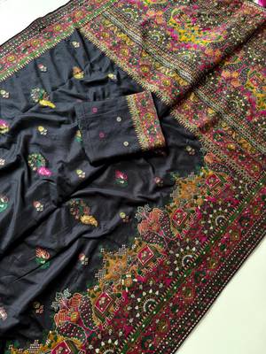 Black Color Kashmiri Thread Zari Woven Work Pashmina Dola Silk Saree 3