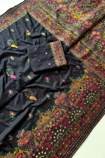 Black Color Kashmiri Thread Zari Woven Work Pashmina Dola Silk Saree