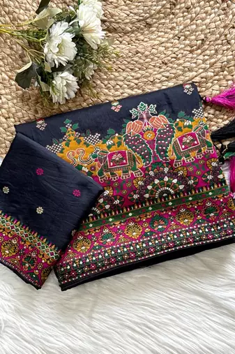 Black Color Kashmiri Thread Zari Woven Work Pashmina Dola Silk Saree