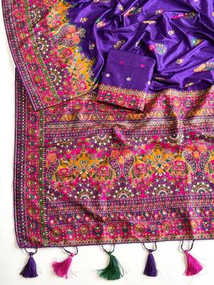  Purple Color Kashmiri Thread Zari Woven Work Pashmina Dola Silk Saree 2