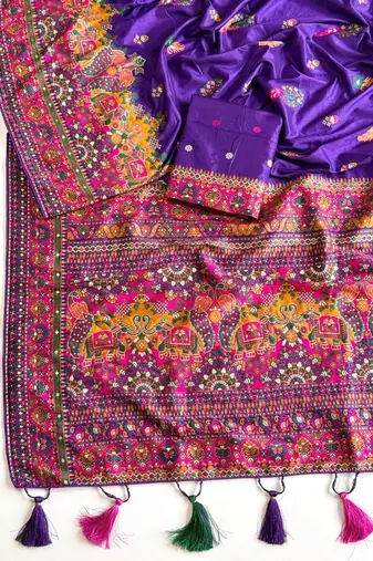  Purple Color Kashmiri Thread Zari Woven Work Pashmina Dola Silk Saree