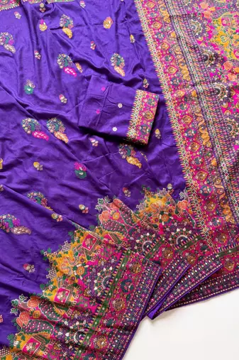  Purple Color Kashmiri Thread Zari Woven Work Pashmina Dola Silk Saree