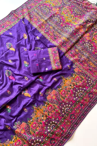  Purple Color Kashmiri Thread Zari Woven Work Pashmina Dola Silk Saree