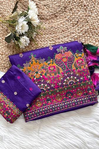  Purple Color Kashmiri Thread Zari Woven Work Pashmina Dola Silk Saree