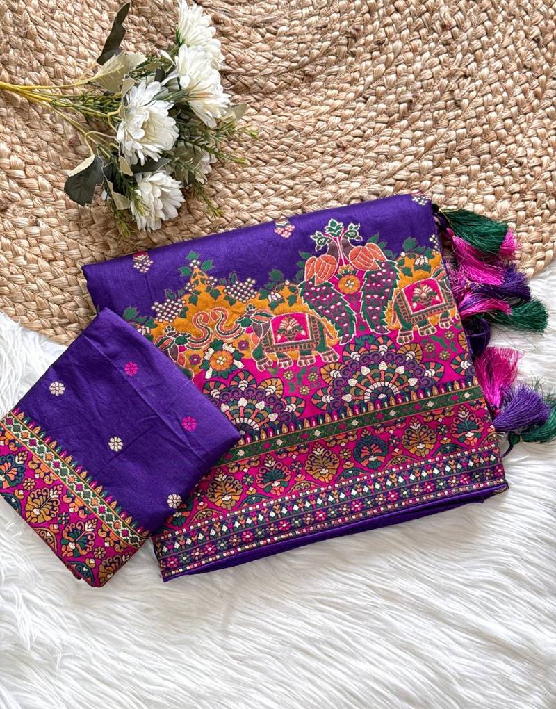  Purple Color Kashmiri Thread Zari Woven Work Pashmina Dola Silk Saree
