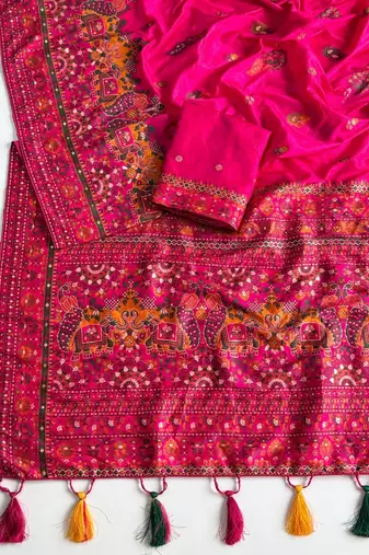 Rani Pink Color Kashmiri Thread Zari Woven Work Pashmina Dola Silk Saree