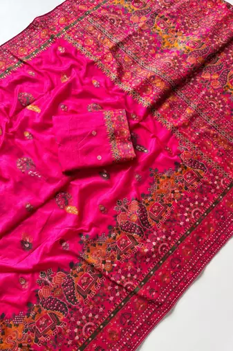Rani Pink Color Kashmiri Thread Zari Woven Work Pashmina Dola Silk Saree