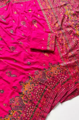 Rani Pink Color Kashmiri Thread Zari Woven Work Pashmina Dola Silk Saree