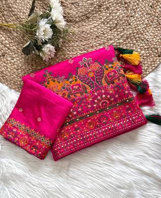Rani Pink Color Kashmiri Thread Zari Woven Work Pashmina Dola Silk Saree 1