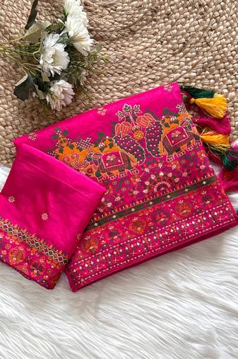 Rani Pink Color Kashmiri Thread Zari Woven Work Pashmina Dola Silk Saree