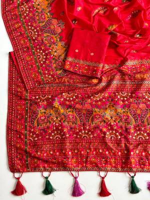 Red Color Kashmiri Thread Zari Woven Work Pashmina Dola Silk Saree 2