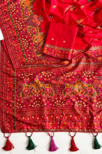 Red Color Kashmiri Thread Zari Woven Work Pashmina Dola Silk Saree