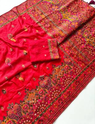 Red Color Kashmiri Thread Zari Woven Work Pashmina Dola Silk Saree 4