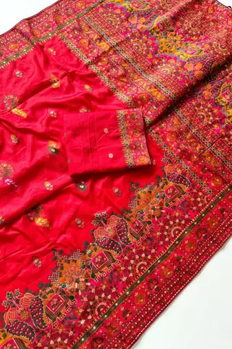 Red Color Kashmiri Thread Zari Woven Work Pashmina Dola Silk Saree