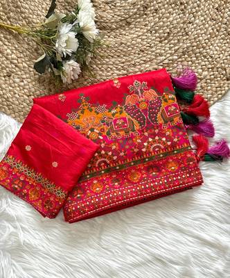 Red Color Kashmiri Thread Zari Woven Work Pashmina Dola Silk Saree 1