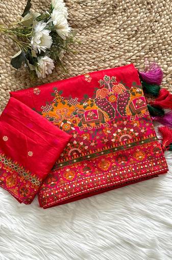Red Color Kashmiri Thread Zari Woven Work Pashmina Dola Silk Saree