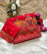 Red Color Kashmiri Thread Zari Woven Work Pashmina Dola Silk Saree