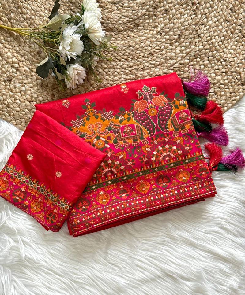 Red Color Kashmiri Thread Zari Woven Work Pashmina Dola Silk Saree