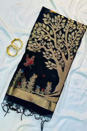Black Color Zari weaving design Khadi Cotton Saree