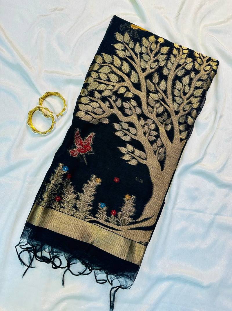 Black Color Zari weaving design Khadi Cotton Saree