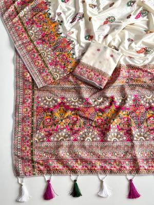 White Color Kashmiri Thread Zari Woven Work Pashmina Dola Silk Saree 2