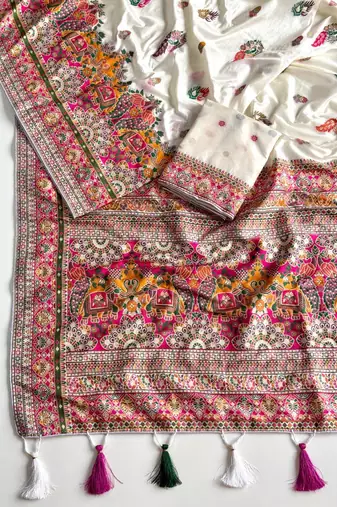 White Color Kashmiri Thread Zari Woven Work Pashmina Dola Silk Saree