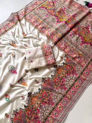 White Color Kashmiri Thread Zari Woven Work Pashmina Dola Silk Saree 3