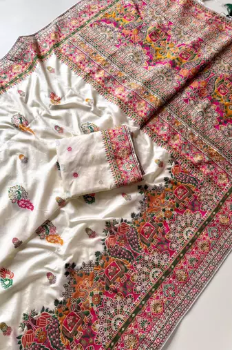 White Color Kashmiri Thread Zari Woven Work Pashmina Dola Silk Saree