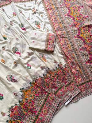 White Color Kashmiri Thread Zari Woven Work Pashmina Dola Silk Saree 4
