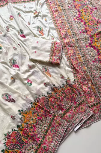 White Color Kashmiri Thread Zari Woven Work Pashmina Dola Silk Saree