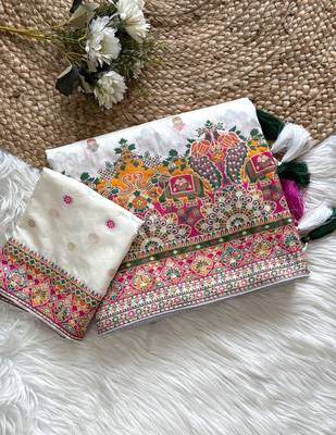 White Color Kashmiri Thread Zari Woven Work Pashmina Dola Silk Saree 1