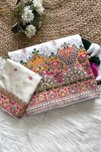 White Color Kashmiri Thread Zari Woven Work Pashmina Dola Silk Saree