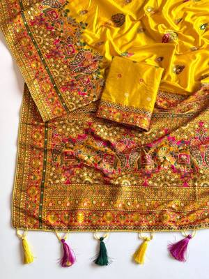 Yellow Color Kashmiri Thread Zari Woven Work Pashmina Dola Silk Saree 2