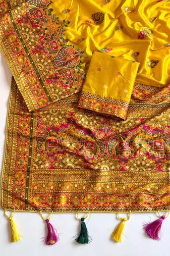 Yellow Color Kashmiri Thread Zari Woven Work Pashmina Dola Silk Saree