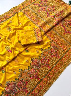 Yellow Color Kashmiri Thread Zari Woven Work Pashmina Dola Silk Saree 3