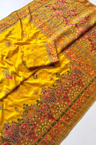 Yellow Color Kashmiri Thread Zari Woven Work Pashmina Dola Silk Saree