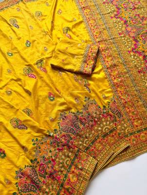 Yellow Color Kashmiri Thread Zari Woven Work Pashmina Dola Silk Saree 4