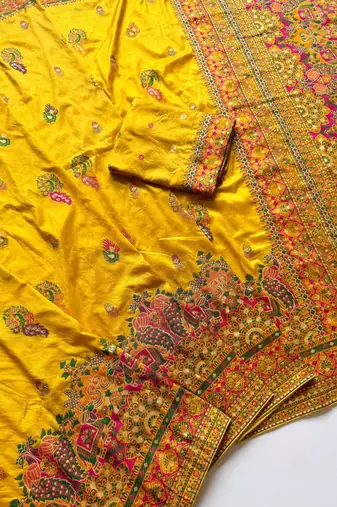 Yellow Color Kashmiri Thread Zari Woven Work Pashmina Dola Silk Saree