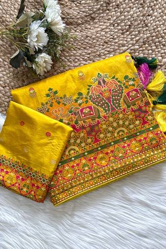 Yellow Color Kashmiri Thread Zari Woven Work Pashmina Dola Silk Saree