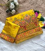 Yellow Color Kashmiri Thread Zari Woven Work Pashmina Dola Silk Saree