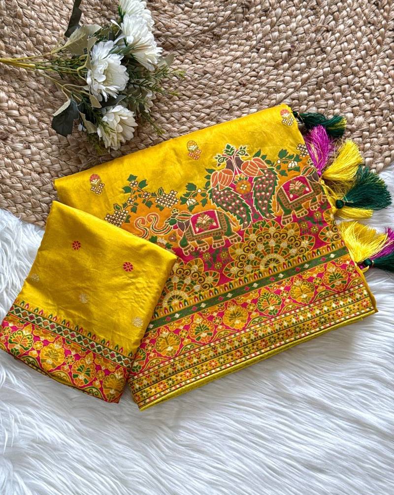 Yellow Color Kashmiri Thread Zari Woven Work Pashmina Dola Silk Saree